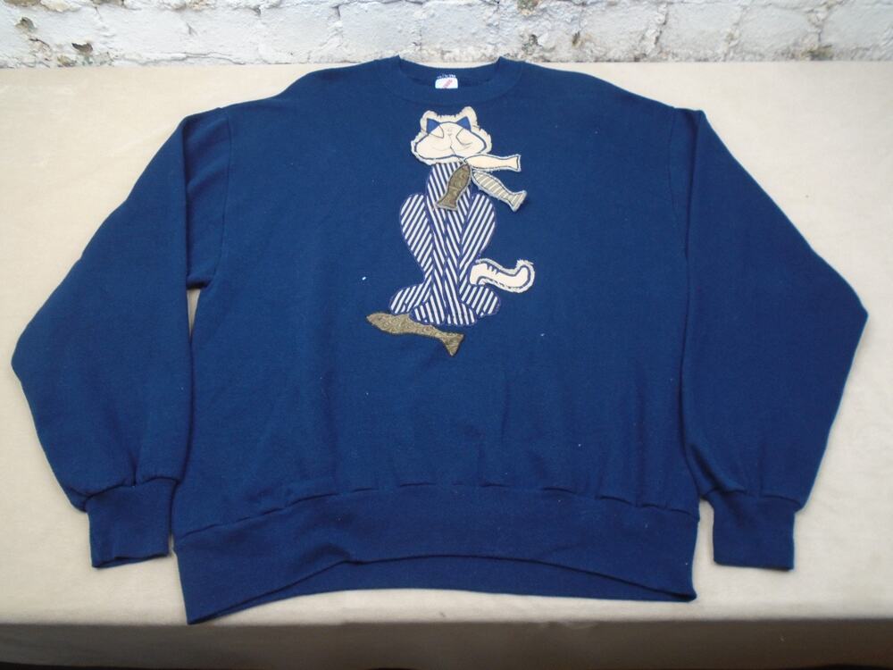 Vintage 90s Cat Lover Sweatshirt Sweater Embroidered Patchwork Blue Fish Large